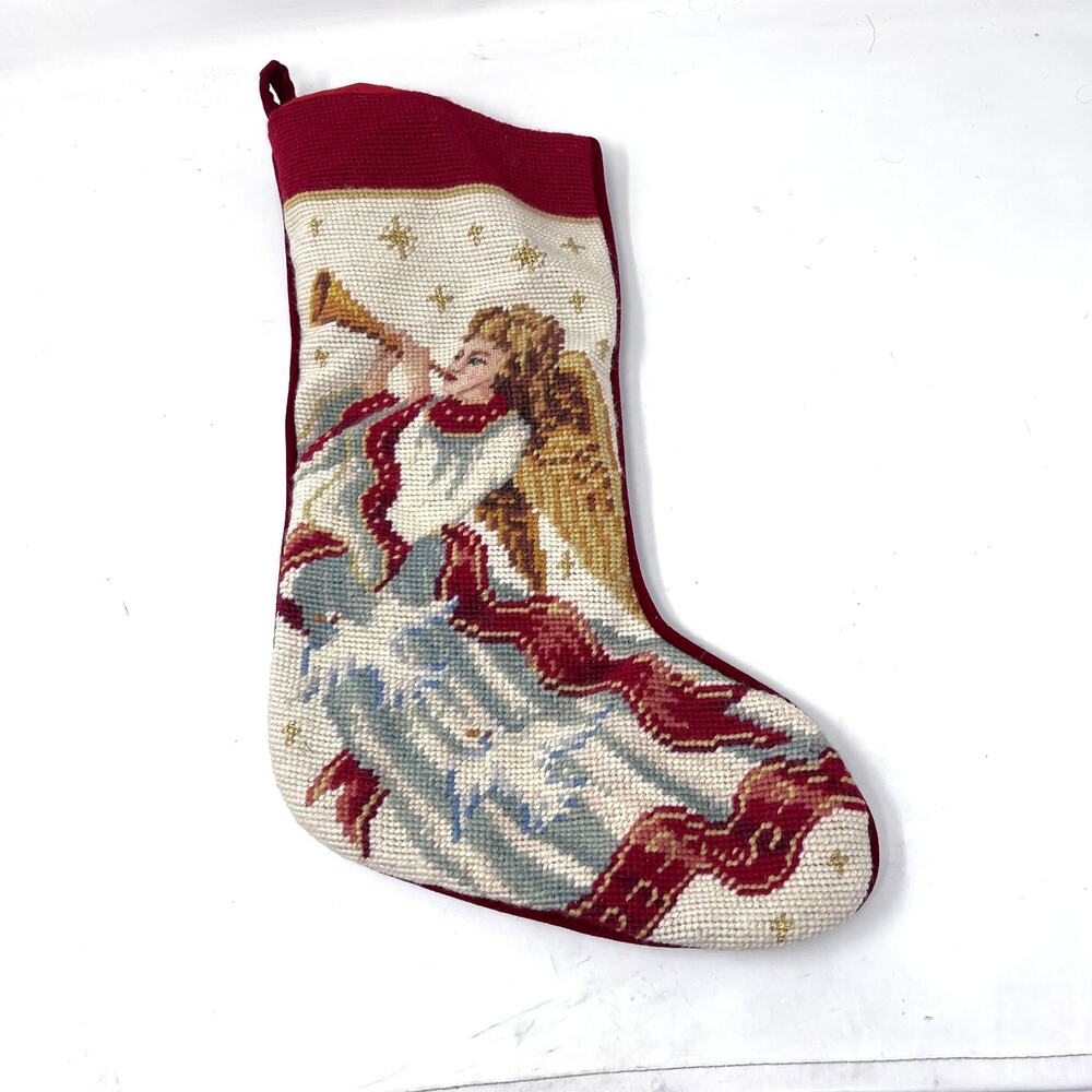 Imperial Elegance‎ Chistmas Stocking Angel Horn Red Wool Needlepoint VTG 1991